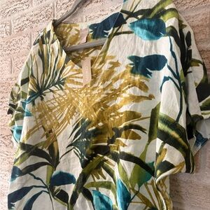 Chico's Lightweight Tropical V-Neck Linen Tunic in Teal, Olive & Mustard